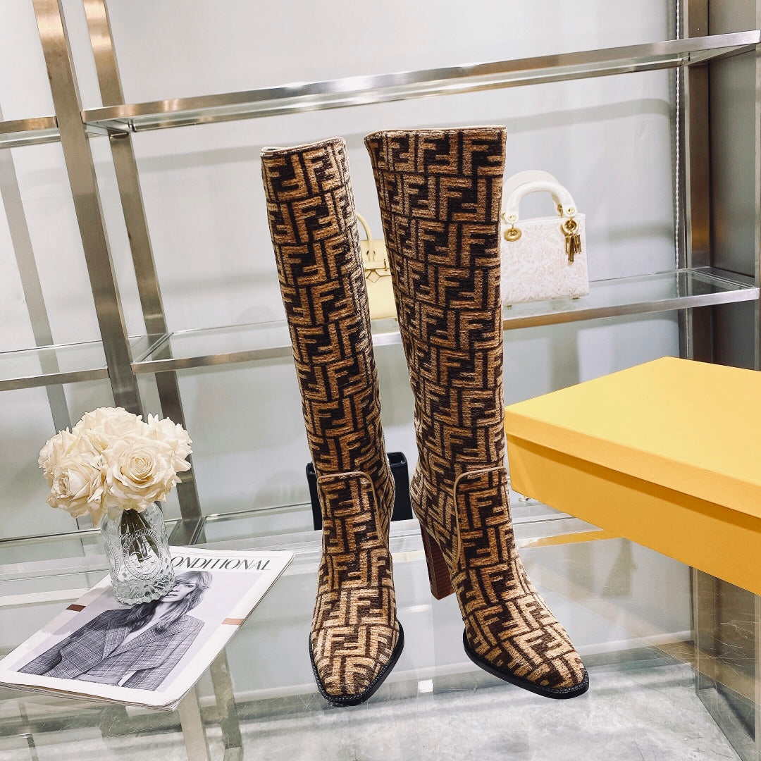 Fendi Chenille Jacquard Knee Boots