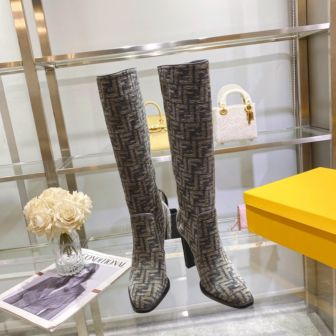 Fendi Chenille Jacquard Knee Boots